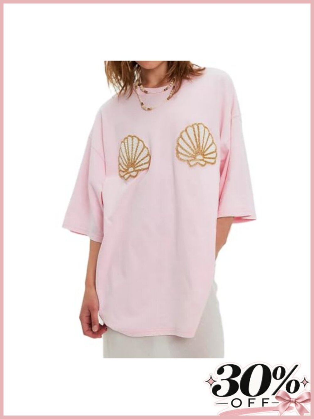 Womens Beaded Seashell Oversized Graphic Tee Beachy Baggy T Shirt